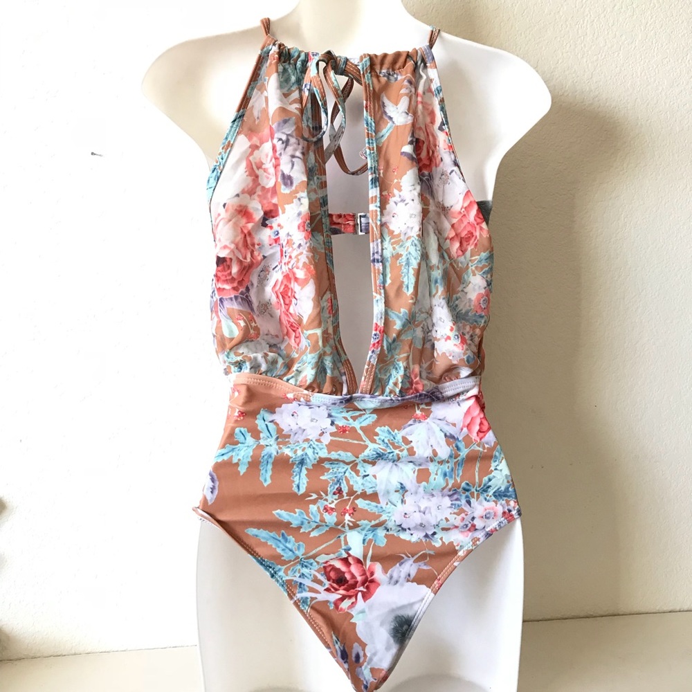 Tan Flower Monokini Padded Bra One-Piece Swimsuit - Picture 3 of 8
